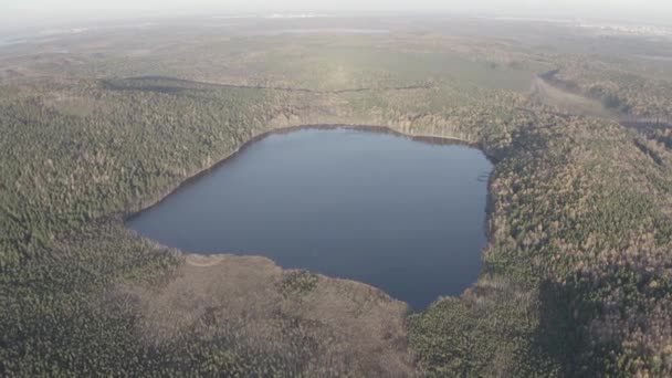 Ekaterinburg, Rusia. Lacul Peschanoye (Sandy) este dreptunghiular în formă înconjurat de pădure în toamnă. Apus de soare. 4K — Videoclip de stoc