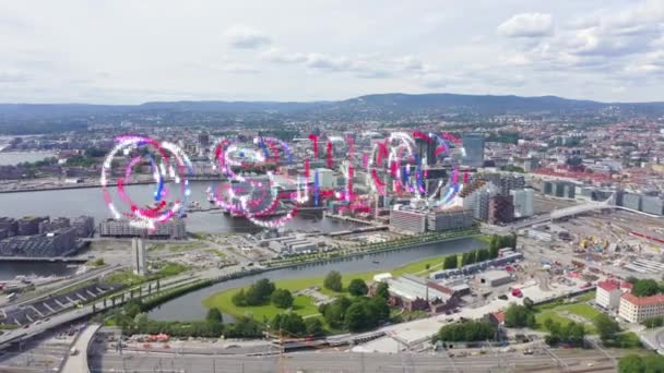 Oslo, Norwegia. Centrum miasta z powietrza. Wał Oslo Fjord. Opera w Oslo. 4K — Wideo stockowe