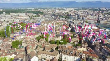 Cenevre, İsviçre. Sabah saatlerinde şehrin merkez kısmının üzerinde uçuyorlar. 4K