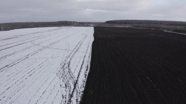 Egy kék traktor felszántja a havas mezőt. A traktor mögött fekete föld van. Oroszország, Ural. 4K — Stock videók