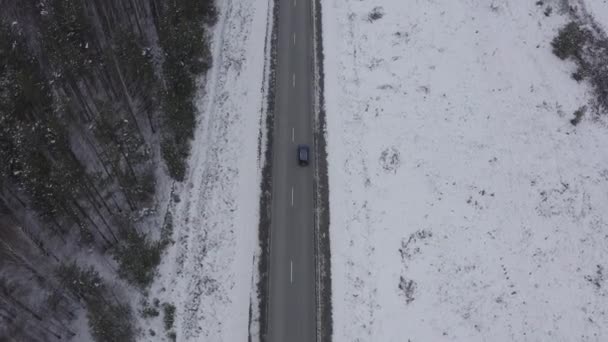 Un coche azul está conduciendo a lo largo de una carretera de asfalto de invierno. El camino va a lo largo de las líneas eléctricas. Nieve en árboles y bordes de carreteras. 4K — Vídeo de stock