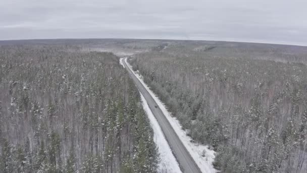 Um carro azul anda ao longo de uma estrada de asfalto de inverno na floresta. Neve nas árvores e nas estradas. 4K — Vídeo de Stock