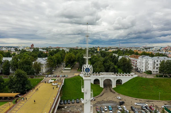 Yaroslavl, Russia. White tower with the coat of arms of the city at Volzhskaya embankment. Aerial view