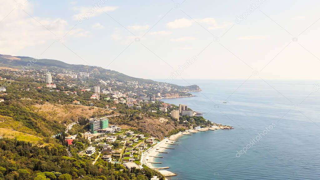 Alupka, Crimea. The south coast of Crimea. Black sea coast and mountains, Aerial View  
