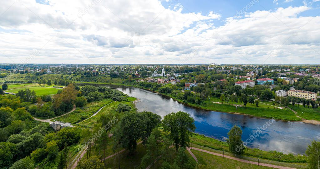 Rzhev, Russia. City center panorama. Aerial view of the Volga and the embankment