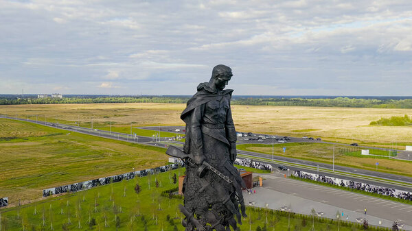 Rzhev, Russia - August 19, 2020: Rzhev Memorial to the Soviet Soldier, dedicated to the memory of Soviet soldiers who died in battles near Rzhev in 1942-1943, Aerial View  