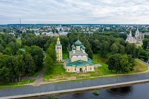 Uglich, Russia. Uglich Kremlin. Church of the Transfiguration of the Lord and Praise of the Most Holy Theotokos. Aerial view