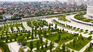 Krasnodar, Rusya - 28 Ağustos 2020: Kamu Parkı Krasnodar (Galitsky Park). Yaz hava manzarası, Hava manzarası  