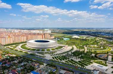 Krasnodar, Rusya - 29 Ağustos 2020: Krasnodar Park, Krasnodar Arena Stadyumu. Hava görünümü