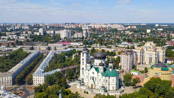 Voronezh, Russia - August 23, 2020: Cathedral of the Annunciation - Orthodox Church of the Russian Orthodox Church, the main temple of the Voronezh Metropolitanate, Aerial View