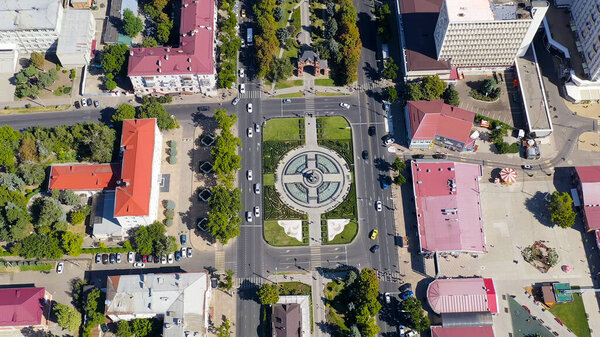 Krasnodar, Russia - August 29, 2020: Alexandrovsky Boulevard Park. Monument to the Holy Great Martyr Catherine with a fountain. Triumphal Arch. Aerial view, Aerial View