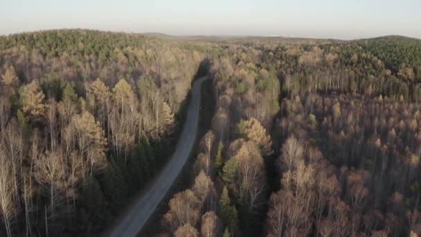 Droga asfaltowa w lesie. Latanie nad jesiennym lasem mieszanym o zachodzie słońca. Okolice Jekaterynburga. Ural, Rosja. 4K — Wideo stockowe