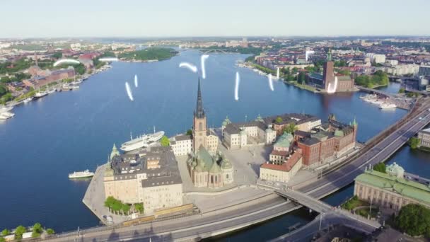 Stockholm, Sweden. Old Town - Gamla Stan. Riddarholmen. Aerial view. 4K — Stock Video