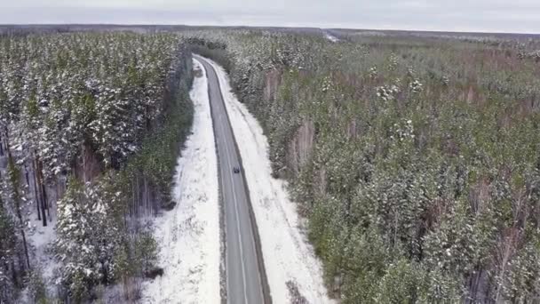 Mavi bir araba ormanda bir kış asfalt yolu boyunca gider. Ağaçlarda ve yol kenarlarında kar. 4K — Stok video