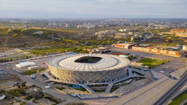 Volgograd, Rusya - 19 Eylül 2020 Volgograd Arena, ROTOR Stadyumu. Günbatımında görüntüle, Hava Görünümü  