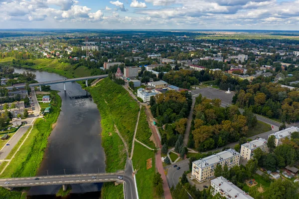 Rzhev Russia August 2020 Panorama City Center 伏尔加河和堤岸的空中景观 — 图库照片