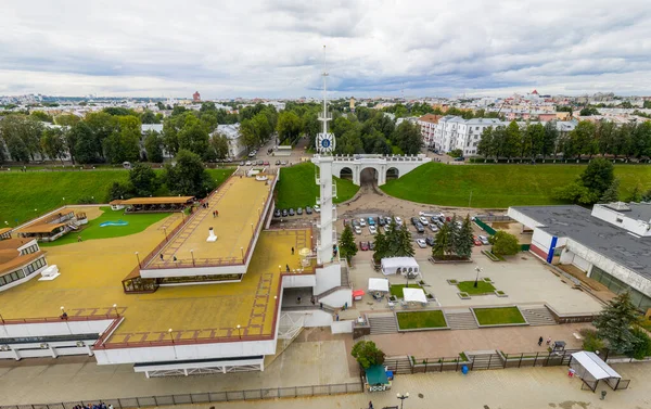 Yaroslavl, Russia. White tower with the coat of arms of the city at Volzhskaya embankment. Aerial view