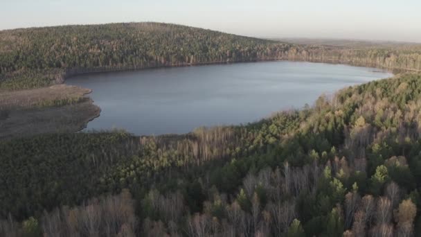 ペシャノワ湖（サンディ湖） 。日没の間に秋の混合林の上を飛ぶ。Yekaterinburgの周辺。ロシアのウラル。4K — ストック動画