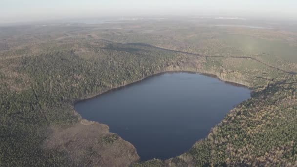 Jekatěrinburg, Rusko. Jezero Peschanoye (Sandy) je obdélníkového tvaru obklopeno lesem na podzim. Čas západu slunce. 4K — Stock video