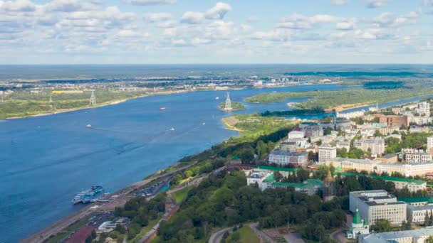 Nizhny Novgorod, Russia. Panorama from the air. View of the Volga river and cable car supports — Vídeos de Stock