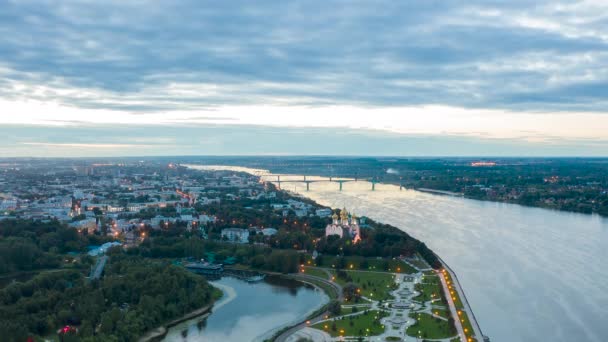 Yaroslavl, Russia. Park arrow. Assumption Cathedral. Volga river and bridges. Evening lights, time after sunset. 4K — ストック動画