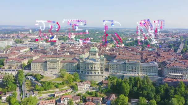 Bern, Schweiz. Federal Palace - Bundeshaus, Historisk centrum, allmän utsikt, Aare floden. 4K — Stockvideo