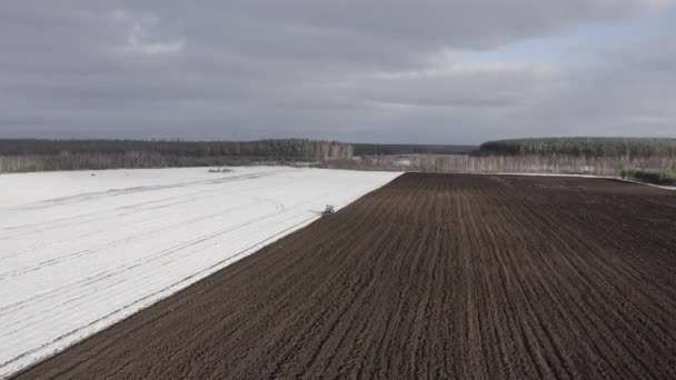 Een blauwe trekker ploegt een veld bedekt met sneeuw. Achter de trekker is zwarte aarde. Rusland, Oeral. 4K — Stockvideo