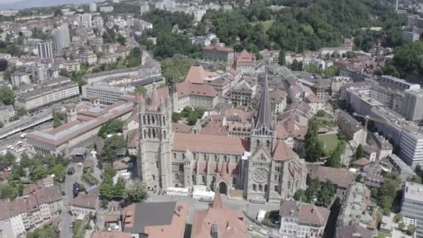 Lausanne, Switzerland. Cathedral of Lausanne. La Cite is a district historical centre. 4K — Stock Video