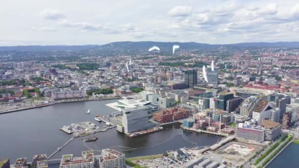 Oslo, Norwegia. Centrum miasta z powietrza. Wał Oslo Fjord. Opera w Oslo. 4K — Wideo stockowe