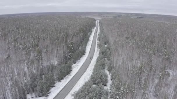 Een blauwe auto rijdt langs een winterasfaltweg in het bos. Sneeuw op bomen en wegen. 4K — Stockvideo