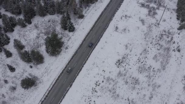 Ένα μπλε αυτοκίνητο οδηγεί κατά μήκος ενός χειμερινού ασφαλτοστρωμένου δρόμου. Ο δρόμος πηγαίνει κατά μήκος των γραμμών ρεύματος. Χιόνι σε δέντρα και δρόμους. 4K — Αρχείο Βίντεο