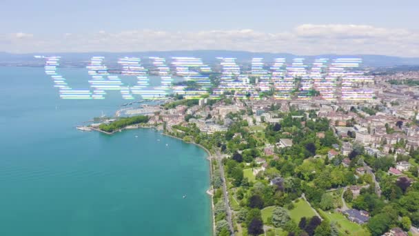 Lausanne, Zwitserland. Vlucht over het centrale deel van de stad. De kust van het Meer van Genève. 4K — Stockvideo