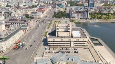 Kazan, Rusya - 5 Ağustos 2020: Tatar Devlet Akademik Tiyatrosu Galiaskar Kamala, Hava Görünümü  