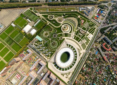 Krasnodar, Rusya - 27 Ağustos 2020: Krasnodar Stadyumu. Halk parkı, Krasnodar. Hava görünümü
