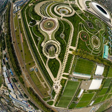 Krasnodar, Rusya - 27 Ağustos 2020: Krasnodar Stadyumu. Halk parkı, Krasnodar. Hava görünümü