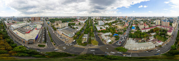 Krasnodar, Russia - August 27, 2020: Summer aerial view of the city. Red Street (Krasnaya). Panorama 360