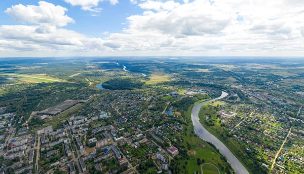 Rzhev Ryssland Stadens Centrum Panorama Flygfoto Över Volga Och Vallen — Stockfoto