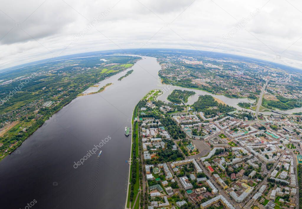 Yaroslavl, Russia. The confluence of the Volga and Kotorosl rivers, Strelka. Panoramic view of the city of Yaroslavl from the air