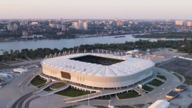 Rostov-on-Don, Rusya. Rostov Arena 'da. Futbol stadyumu, Rostov-on-Don 'da futbol şampiyonası. Gün batımı zamanı. 4K