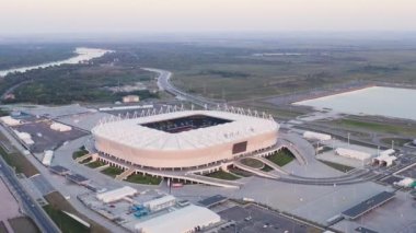 Rostov-on-Don, Rusya. Rostov Arena 'da. Futbol stadyumu, Rostov-on-Don 'da futbol şampiyonası. Gün batımı zamanı. 4K