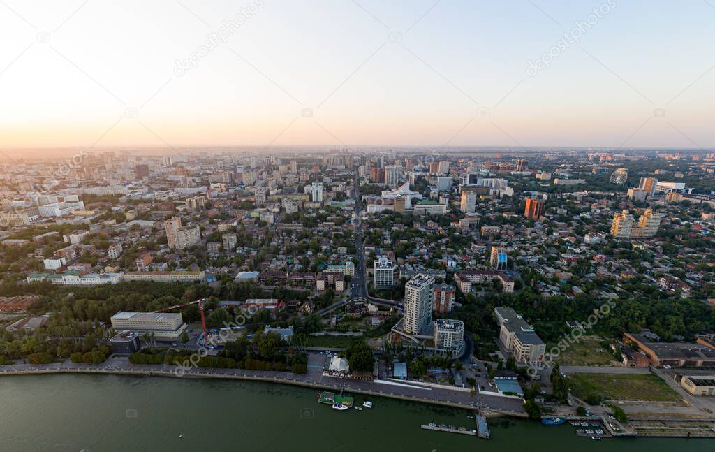 Rostov-on-Don, Russia. Don River. Summer panorama of the city from the air, Aerial view. Sunset