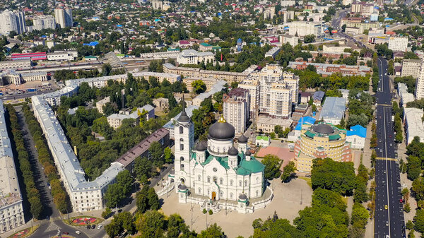 Voronezh, Russia - August 23, 2020: Cathedral of the Annunciation - Orthodox Church of the Russian Orthodox Church, the main temple of the Voronezh Metropolitanate, Aerial View  