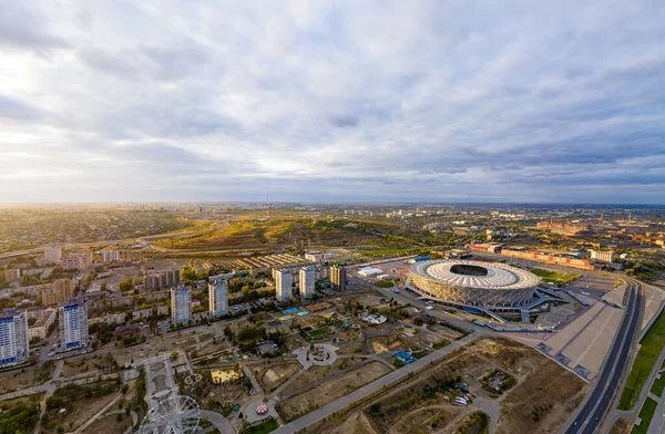 Volgograd Ryssland September 2020 Rotor Stadion Mamajev Kurgan Flygfoto Solnedgången — Stockfoto