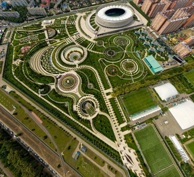 Krasnodar, Rusya - 27 Ağustos 2020: Krasnodar Stadyumu. Halk parkı, Krasnodar. Hava görünümü