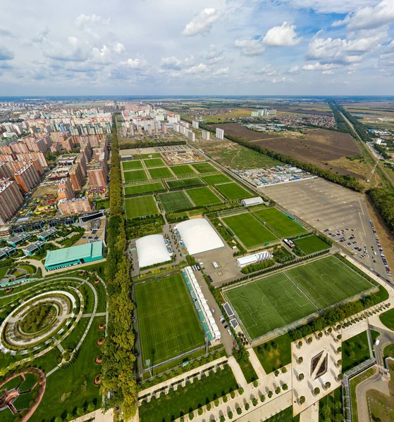 Krasnodar Rusia Agosto 2020 Zona Residencial Nuevos Edificios Panorama Campos — Foto de Stock