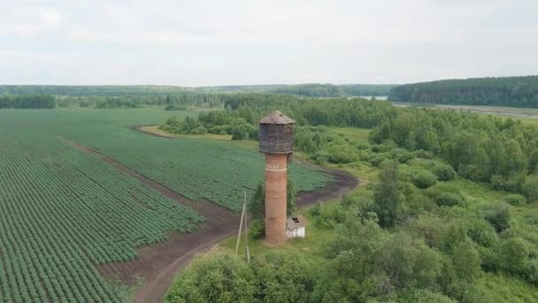 Rusia, Ural. Volando sobre los campos. Filas de papas en crecimiento. Vieja torre de agua de ladrillo rojo. 4K — Vídeo de stock