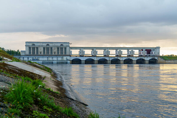 Uglich, Russia. Uglich hydroelectric power station. Volga river