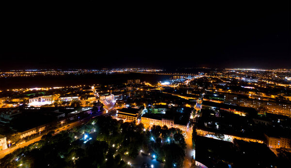 Astrakhan, Russia. Aerial view of the city at night. Street lights