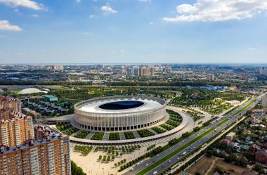 Krasnodar, Rusya - 29 Ağustos 2020: Krasnodar Park, Krasnodar Arena Stadyumu. Hava görünümü