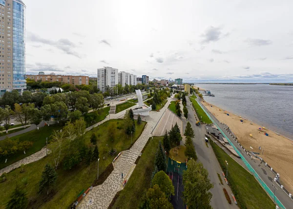 Samara Russia September 2020 Embankment Volga River Monument Ladya Aerial — Stock Photo, Image